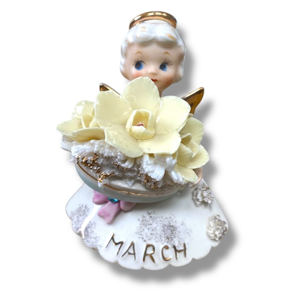 VNT March Birthday Angel Figurine Porcelain Made in Japan Daffodils Aquamarine